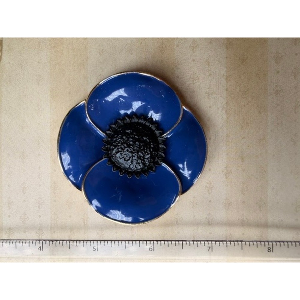 Blue Poppy Flower Brooch Gold Tone Enamel Floral Statement Pin